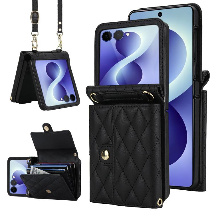Rhombic Texture Card Bag PU Phone Case with Long Lanyard, For Galaxy Z Flip8 5G, For Samsung Galaxy Z Flip7 FE / Flip6, For Samsung Galaxy Z Flip7 5G