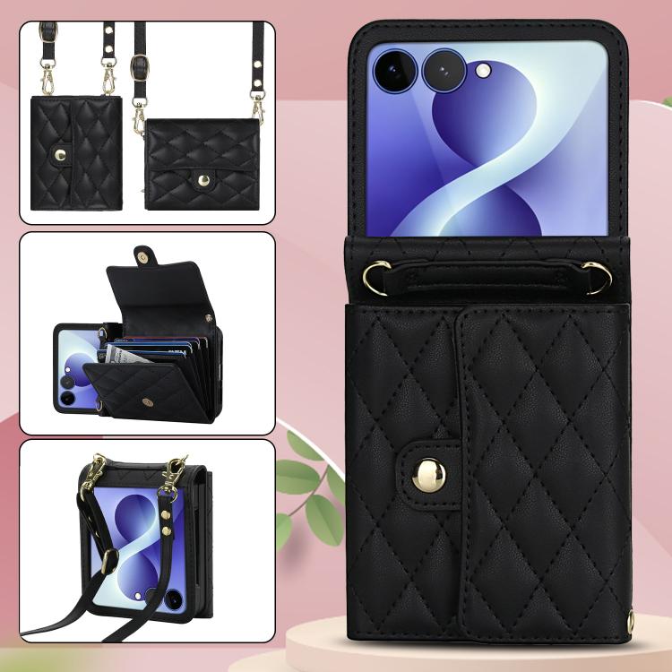Rhombic Texture Card Bag PU Phone Case with Long Lanyard, For Galaxy Z Flip8 5G, For Samsung Galaxy Z Flip7 FE / Flip6, For Samsung Galaxy Z Flip7 5G