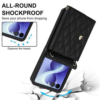 Rhombic Texture Card Bag PU Phone Case with Long Lanyard, For Galaxy Z Flip8 5G, For Samsung Galaxy Z Flip7 FE / Flip6, For Samsung Galaxy Z Flip7 5G