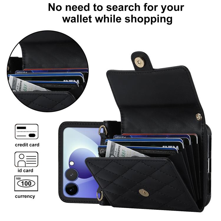 Rhombic Texture Card Bag PU Phone Case with Long Lanyard, For Galaxy Z Flip8 5G, For Samsung Galaxy Z Flip7 FE / Flip6, For Samsung Galaxy Z Flip7 5G