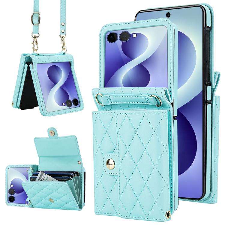 Rhombic Texture Card Bag PU Phone Case with Long Lanyard, For Galaxy Z Flip8 5G, For Samsung Galaxy Z Flip7 FE / Flip6, For Samsung Galaxy Z Flip7 5G