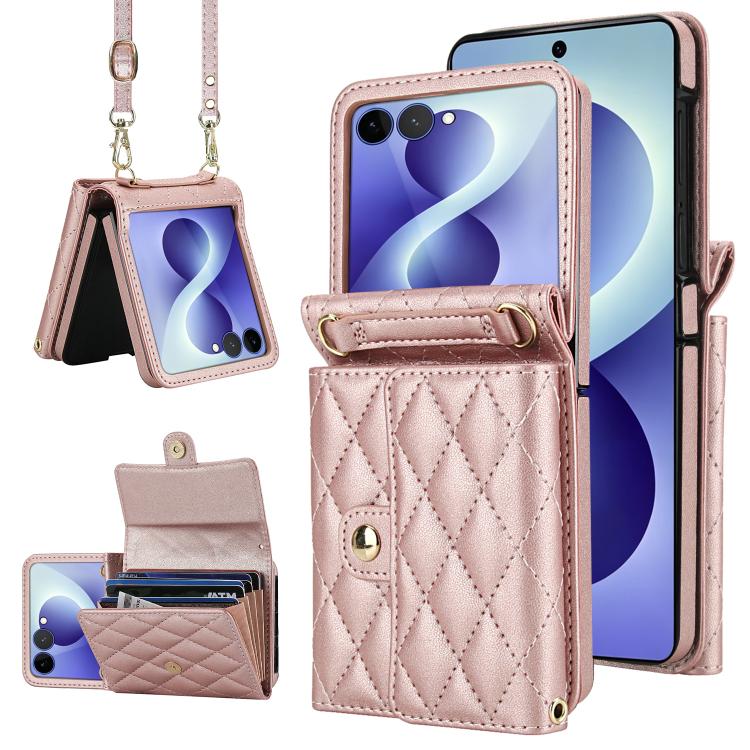 Rhombic Texture Card Bag PU Phone Case with Long Lanyard, For Galaxy Z Flip8 5G, For Samsung Galaxy Z Flip7 FE / Flip6, For Samsung Galaxy Z Flip7 5G