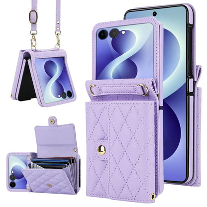 Rhombic Texture Card Bag PU Phone Case with Long Lanyard, For Galaxy Z Flip8 5G, For Samsung Galaxy Z Flip7 FE / Flip6, For Samsung Galaxy Z Flip7 5G