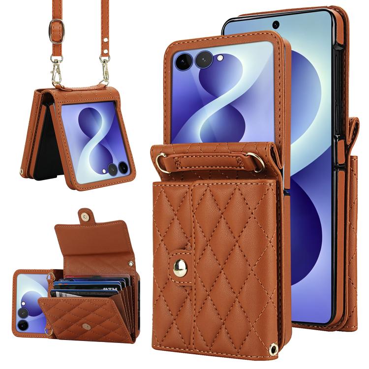 Rhombic Texture Card Bag PU Phone Case with Long Lanyard, For Galaxy Z Flip8 5G, For Samsung Galaxy Z Flip7 FE / Flip6, For Samsung Galaxy Z Flip7 5G