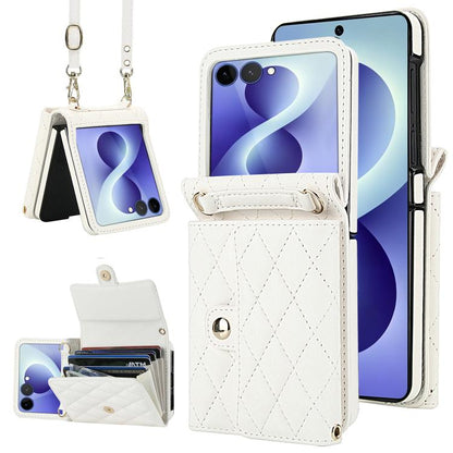 Rhombic Texture Card Bag PU Phone Case with Long Lanyard, For Galaxy Z Flip8 5G, For Samsung Galaxy Z Flip7 FE / Flip6, For Samsung Galaxy Z Flip7 5G