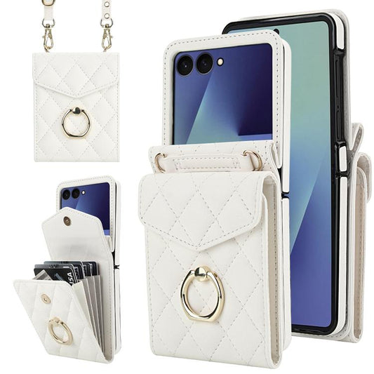 Diamond Lattice RFID Card Slot Phone Case with Ring Holder, For Samsung Galaxy Z Flip7 5G, For Samsung Galaxy Z Flip6 / Flip7 FE, For Samsung Galaxy Z Flip5