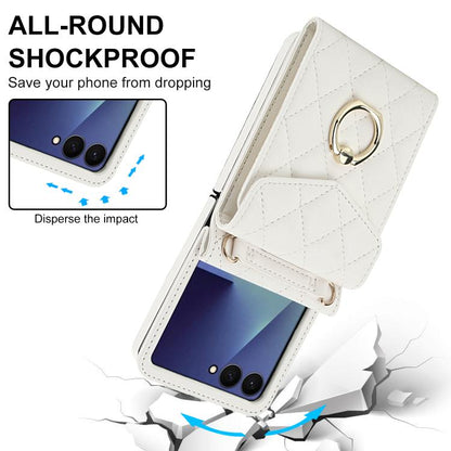 Diamond Lattice RFID Card Slot Phone Case with Ring Holder, For Samsung Galaxy Z Flip7 5G, For Samsung Galaxy Z Flip6 / Flip7 FE, For Samsung Galaxy Z Flip5