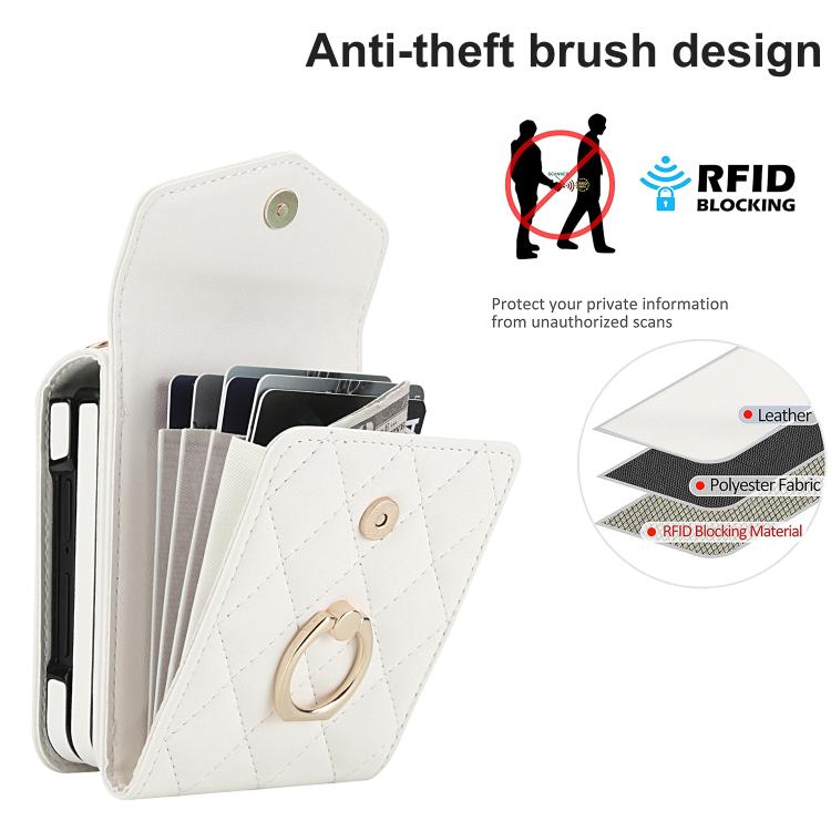 Diamond Lattice RFID Card Slot Phone Case with Ring Holder, For Samsung Galaxy Z Flip7 5G, For Samsung Galaxy Z Flip6 / Flip7 FE, For Samsung Galaxy Z Flip5