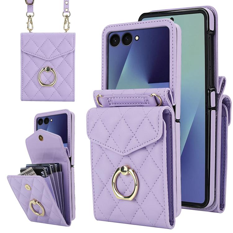 Diamond Lattice RFID Card Slot Phone Case with Ring Holder, For Samsung Galaxy Z Flip7 5G, For Samsung Galaxy Z Flip6 / Flip7 FE, For Samsung Galaxy Z Flip5