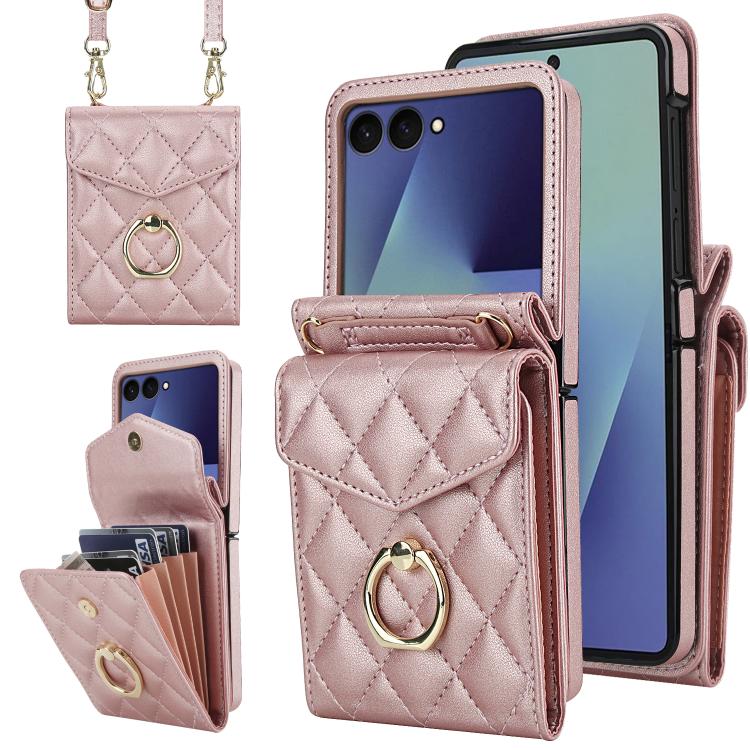 Diamond Lattice RFID Card Slot Phone Case with Ring Holder, For Samsung Galaxy Z Flip7 5G, For Samsung Galaxy Z Flip6 / Flip7 FE, For Samsung Galaxy Z Flip5