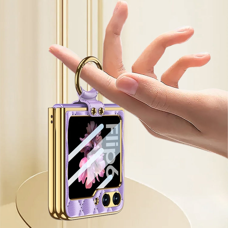 GKK Integrated Plating Diamond Texture PU Phone Case with Ring, For Samsung Galaxy Z Flip6/7 FE, For Samsung Galaxy Z Flip7 5G, For Samsung Galaxy Z Flip5