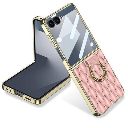 GKK Integrated Plating Diamond Texture PU Phone Case with Ring, For Samsung Galaxy Z Flip6/7 FE, For Samsung Galaxy Z Flip7 5G, For Samsung Galaxy Z Flip5