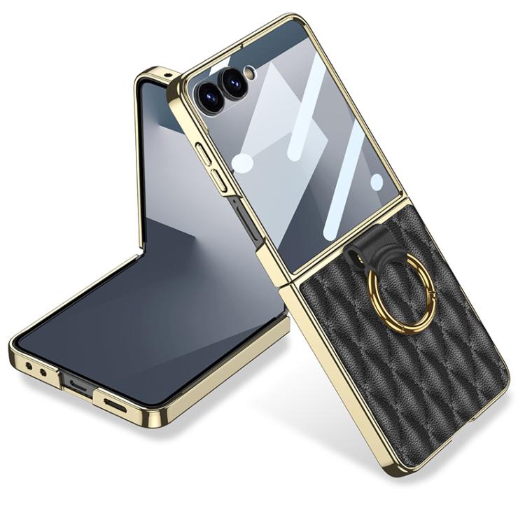 GKK Integrated Plating Diamond Texture PU Phone Case with Ring, For Samsung Galaxy Z Flip6/7 FE, For Samsung Galaxy Z Flip7 5G, For Samsung Galaxy Z Flip5