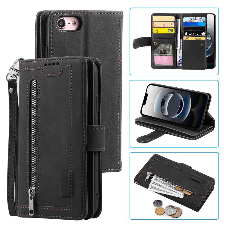 Nine Card Zipper Bag Leather Phone Case with Lanyard