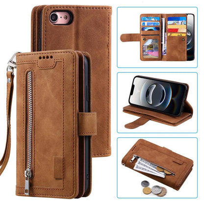 Nine Card Zipper Bag Leather Phone Case with Lanyard