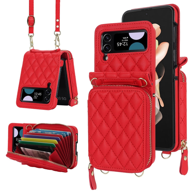 Rhombic Texture Card Bag Phone Case with Dual Lanyard, For Samsung Galaxy Z Flip6 / Flip7 FE, For Samsung Galaxy Z Flip5, For Samsung Galaxy Z Flip4
