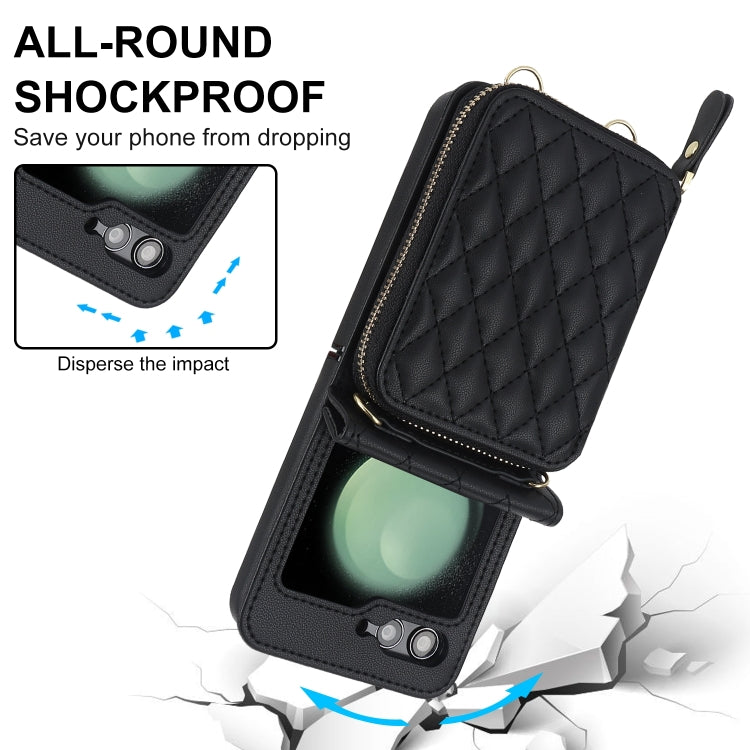 Rhombic Texture Card Bag Phone Case with Dual Lanyard, For Samsung Galaxy Z Flip6 / Flip7 FE, For Samsung Galaxy Z Flip5, For Samsung Galaxy Z Flip4