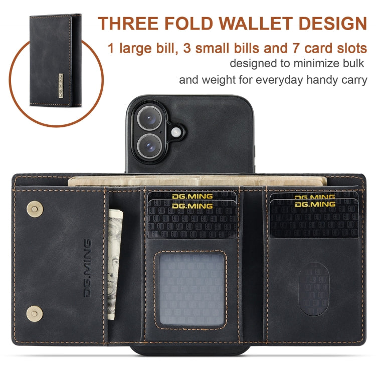 DG.MING M1 Series 3-Fold Multi Card Wallet Leather Phone Case, For iPhone 16, For iPhone 15 Pro Max, For iPhone 15 Pro, For iPhone 15 Plus