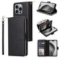 9 Card Slots Zipper Wallet Bag Leather Phone Case, For iPhone Air, For iPhone 16 Pro Max, For iPhone 16 Pro, For iPhone 16 Plus