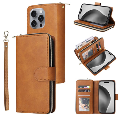9 Card Slots Zipper Wallet Bag Leather Phone Case, For iPhone Air, For iPhone 16 Pro Max, For iPhone 16 Pro, For iPhone 16 Plus