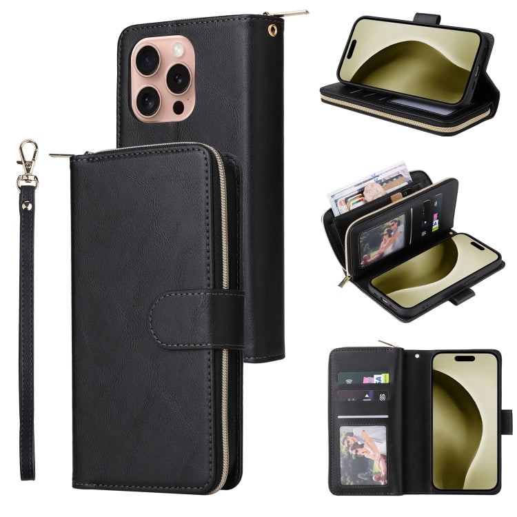 9 Card Slots Zipper Wallet Bag Leather Phone Case, For iPhone Air, For iPhone 16 Pro Max, For iPhone 16 Pro, For iPhone 16 Plus