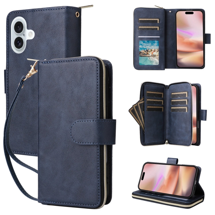 9 Card Slots Zipper Wallet Bag Leather Phone Case, For iPhone Air, For iPhone 16 Pro Max, For iPhone 16 Pro, For iPhone 16 Plus