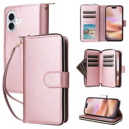 9 Card Slots Zipper Wallet Bag Leather Phone Case, For iPhone Air, For iPhone 16 Pro Max, For iPhone 16 Pro, For iPhone 16 Plus
