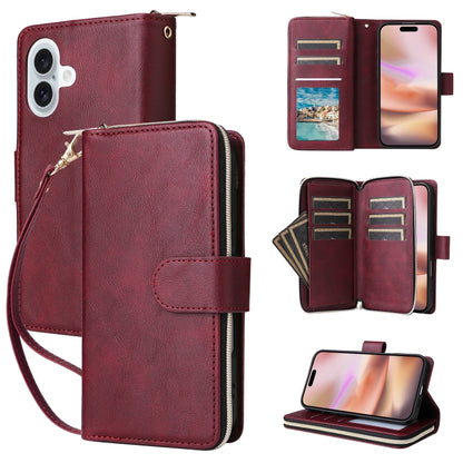 9 Card Slots Zipper Wallet Bag Leather Phone Case, For iPhone Air, For iPhone 16 Pro Max, For iPhone 16 Pro, For iPhone 16 Plus