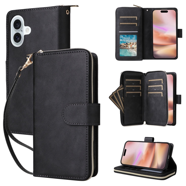 9 Card Slots Zipper Wallet Bag Leather Phone Case, For iPhone Air, For iPhone 16 Pro Max, For iPhone 16 Pro, For iPhone 16 Plus