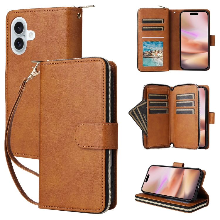 9 Card Slots Zipper Wallet Bag Leather Phone Case, For iPhone Air, For iPhone 16 Pro Max, For iPhone 16 Pro, For iPhone 16 Plus