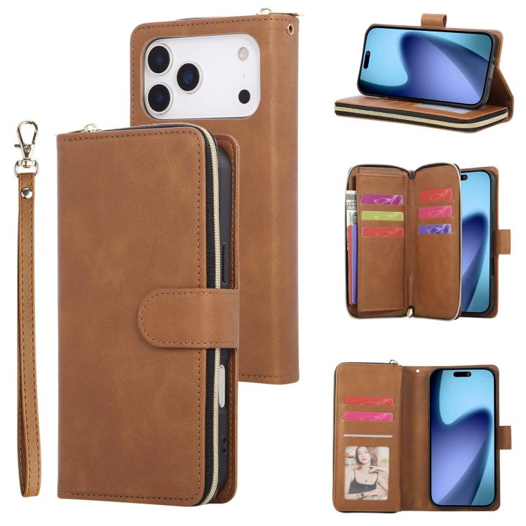 9 Card Slots Zipper Wallet Bag Leather Phone Case, For iPhone 18 / 17, For iPhone 18 Pro / 17 Pro, For iPhone 18 Pro Max / 17 Pro Max, For iPhone 17e / 16e