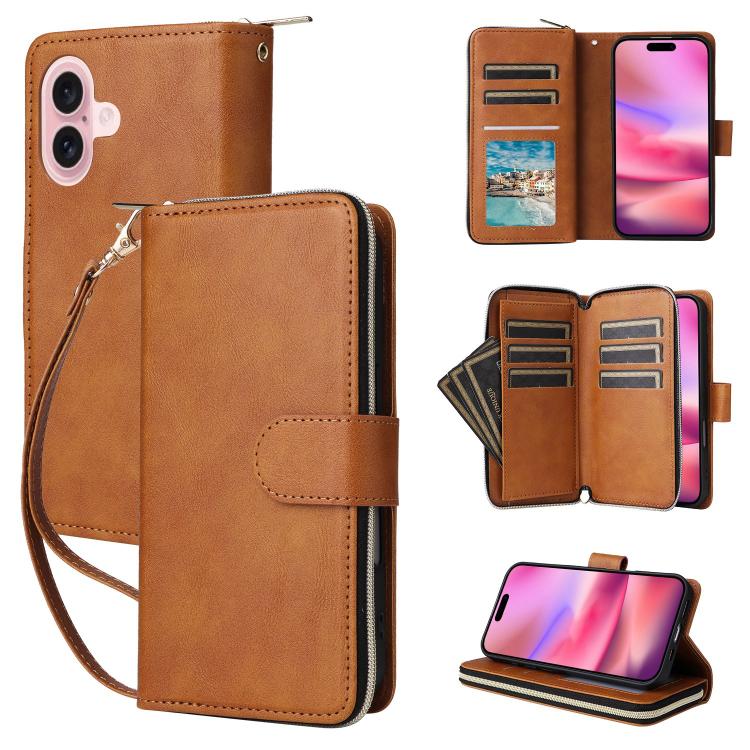 9 Card Slots Zipper Wallet Bag Leather Phone Case, For iPhone 18 / 17, For iPhone 18 Pro / 17 Pro, For iPhone 18 Pro Max / 17 Pro Max, For iPhone 17e / 16e