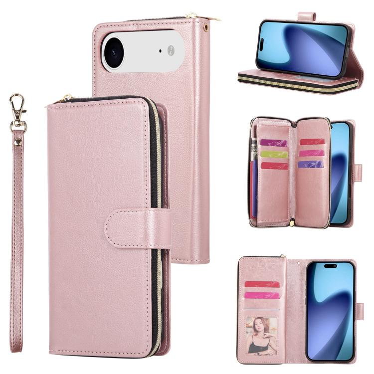 9 Card Slots Zipper Wallet Bag Leather Phone Case, For iPhone Air, For iPhone 16 Pro Max, For iPhone 16 Pro, For iPhone 16 Plus