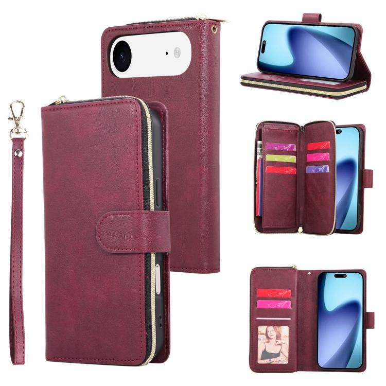 9 Card Slots Zipper Wallet Bag Leather Phone Case, For iPhone Air, For iPhone 16 Pro Max, For iPhone 16 Pro, For iPhone 16 Plus