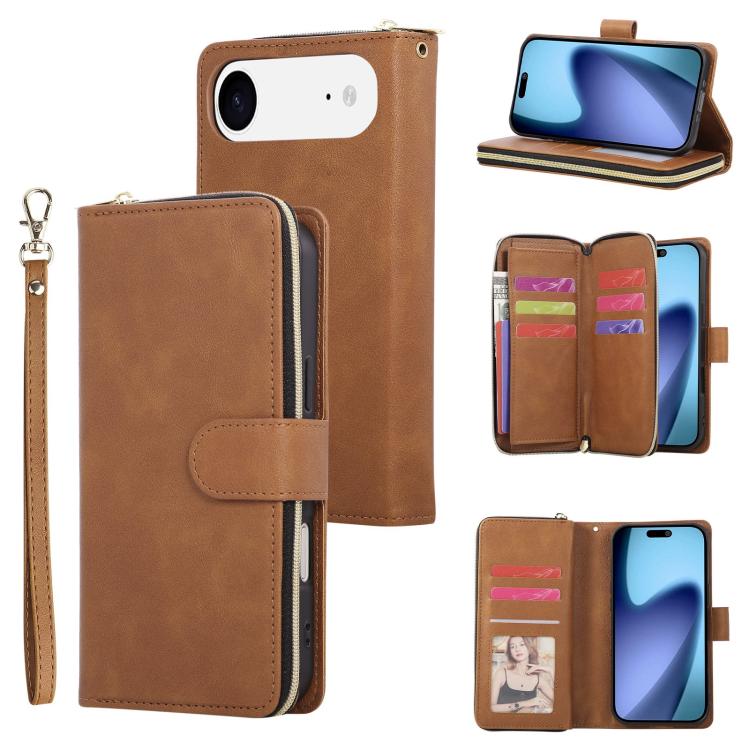 9 Card Slots Zipper Wallet Bag Leather Phone Case, For iPhone Air, For iPhone 16 Pro Max, For iPhone 16 Pro, For iPhone 16 Plus