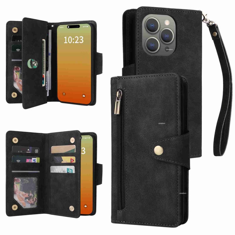 Rivet Buckle 9 Cards Three Fold Leather Phone Case, For iPhone 16, For iPhone 15 Pro Max, For iPhone 15 Pro, For iPhone 15 Plus