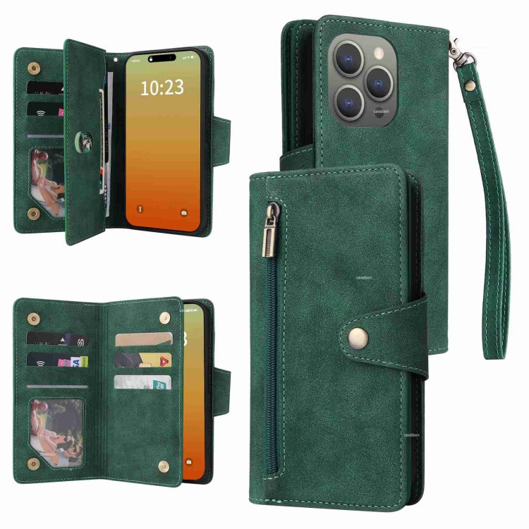 Rivet Buckle 9 Cards Three Fold Leather Phone Case, For iPhone 16, For iPhone 15 Pro Max, For iPhone 15 Pro, For iPhone 15 Plus