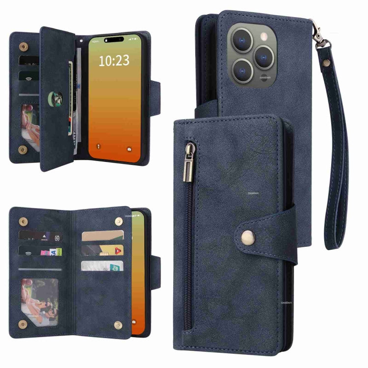Rivet Buckle 9 Cards Three Fold Leather Phone Case, For iPhone 16, For iPhone 15 Pro Max, For iPhone 15 Pro, For iPhone 15 Plus