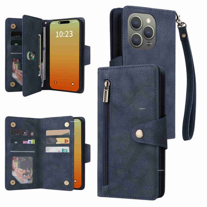 Rivet Buckle 9 Cards Three Fold Leather Phone Case, For iPhone 16, For iPhone 15 Pro Max, For iPhone 15 Pro, For iPhone 15 Plus