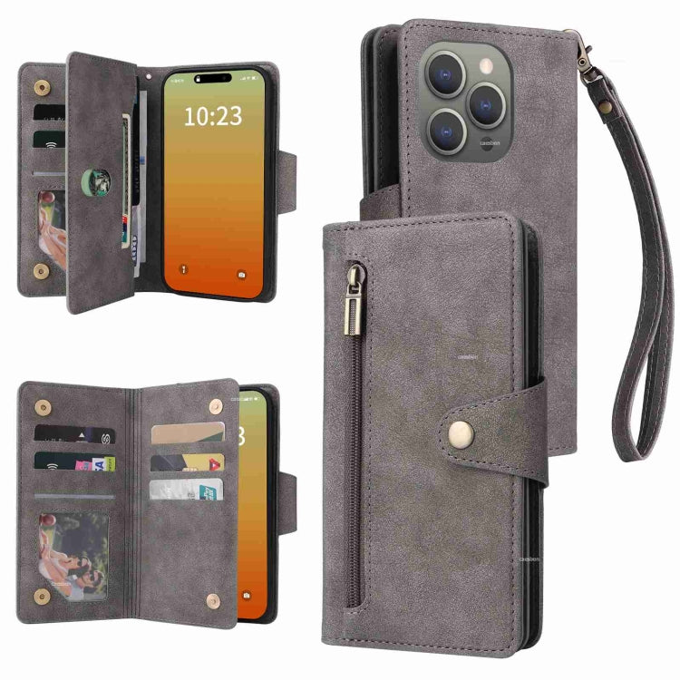 Rivet Buckle 9 Cards Three Fold Leather Phone Case, For iPhone 16, For iPhone 15 Pro Max, For iPhone 15 Pro, For iPhone 15 Plus