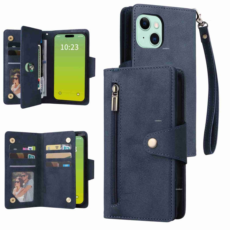 Rivet Buckle 9 Cards Three Fold Leather Phone Case, For iPhone 16, For iPhone 15 Pro Max, For iPhone 15 Pro, For iPhone 15 Plus