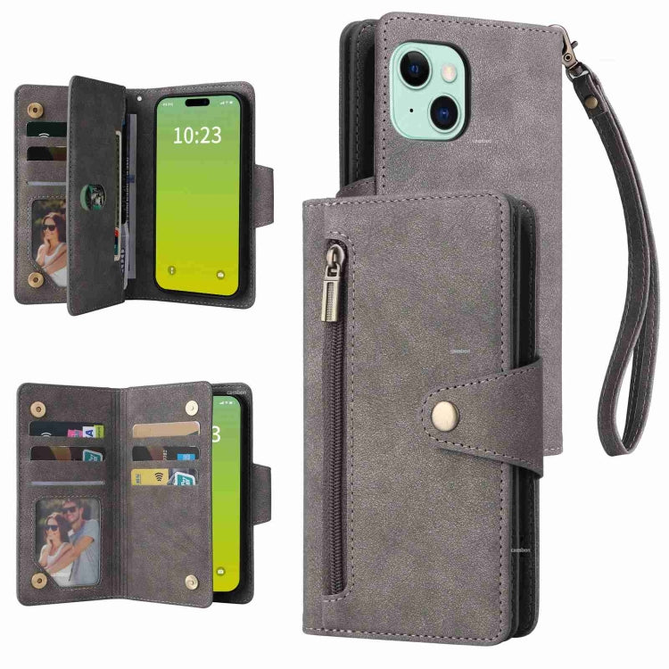 Rivet Buckle 9 Cards Three Fold Leather Phone Case, For iPhone 16, For iPhone 15 Pro Max, For iPhone 15 Pro, For iPhone 15 Plus