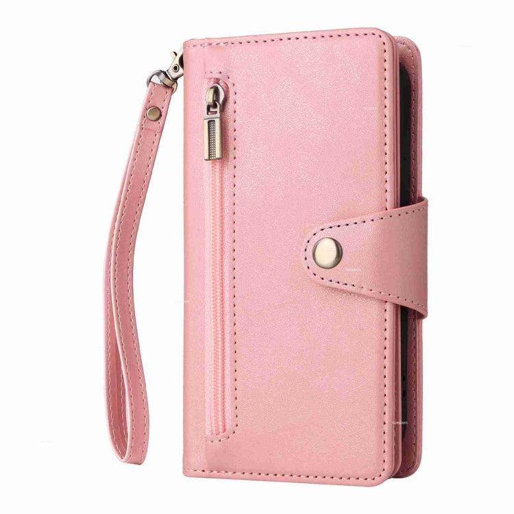 Rivet Buckle 9 Cards Three Fold Leather Phone Case, For iPhone 15