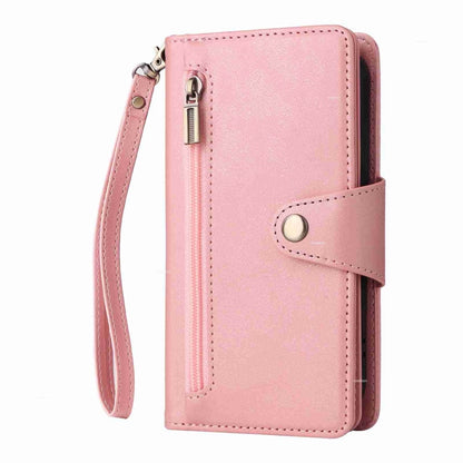 Rivet Buckle 9 Cards Three Fold Leather Phone Case, For iPhone 15