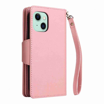 Rivet Buckle 9 Cards Three Fold Leather Phone Case, For iPhone 15