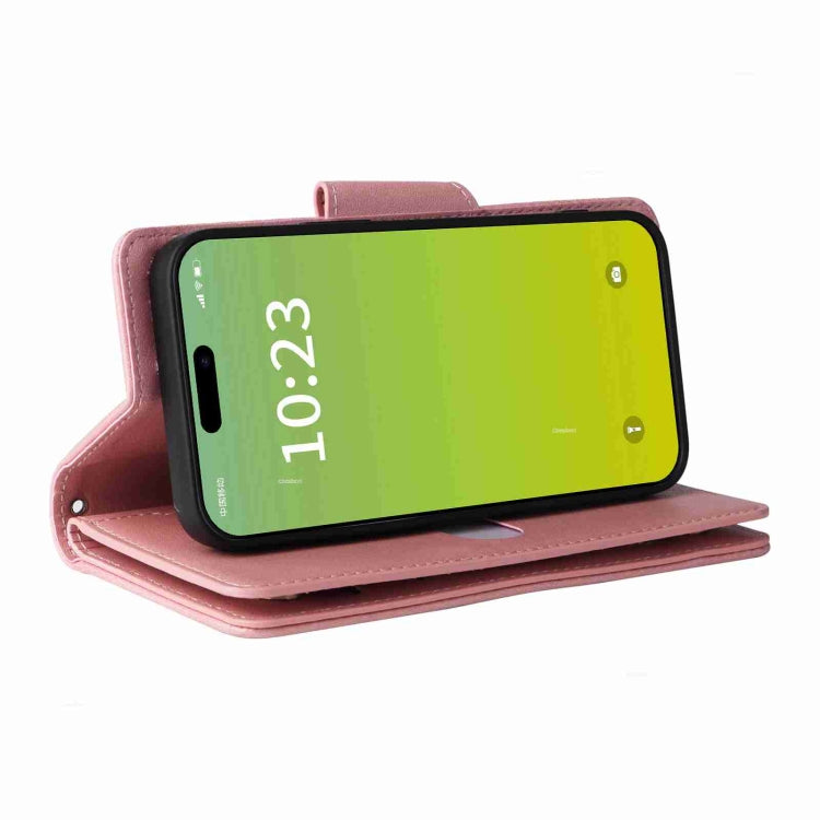 Rivet Buckle 9 Cards Three Fold Leather Phone Case, For iPhone 15