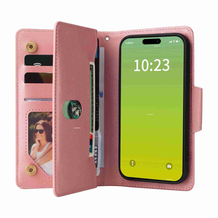 Rivet Buckle 9 Cards Three Fold Leather Phone Case, For iPhone 15