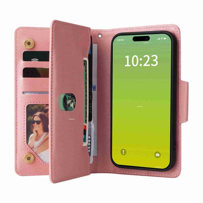 Rivet Buckle 9 Cards Three Fold Leather Phone Case, For iPhone 15