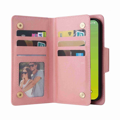 Rivet Buckle 9 Cards Three Fold Leather Phone Case, For iPhone 15