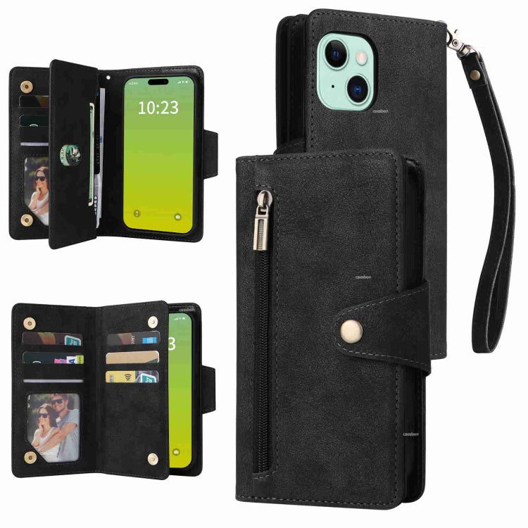 Rivet Buckle 9 Cards Three Fold Leather Phone Case, For iPhone 15
